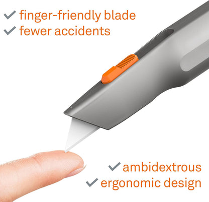 Metal-Handle Utility Knife, Finger Friendly Ceramic Blade, Auto Retracts for Safety, Heavy Metal Handle, Comfortable Grip, Stores Extra Blade, Ambidextrous, Easy Blade Change