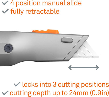 Metal-Handle Utility Knife, Finger Friendly Ceramic Blade, Auto Retracts for Safety, Heavy Metal Handle, Comfortable Grip, Stores Extra Blade, Ambidextrous, Easy Blade Change