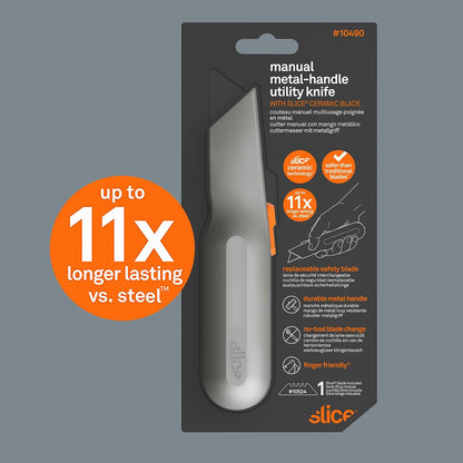 Metal-Handle Utility Knife, Finger Friendly Ceramic Blade, Auto Retracts for Safety, Heavy Metal Handle, Comfortable Grip, Stores Extra Blade, Ambidextrous, Easy Blade Change
