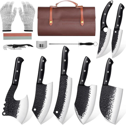 Golden Bird 13PCS Butcher Knife Set for Meat Cutting with Roll Bag | Japanese Chef Knife Set with Sharpening Rod, Hand Forged Cooking Knives for BBQ Camping Kitchen, Gifts for Men Women