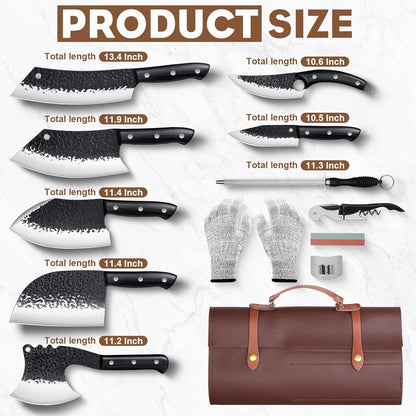Golden Bird 13PCS Butcher Knife Set for Meat Cutting with Roll Bag | Japanese Chef Knife Set with Sharpening Rod, Hand Forged Cooking Knives for BBQ Camping Kitchen, Gifts for Men Women