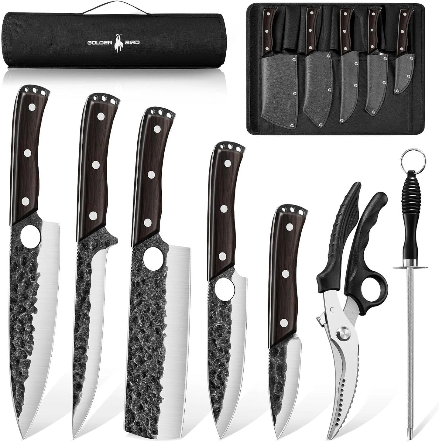 Golden Bird 13PCS Butcher Knife Set for Meat Cutting with Roll Bag | Japanese Chef Knife Set with Sharpening Rod, Hand Forged Cooking Knives for BBQ Camping Kitchen, Gifts for Men Women