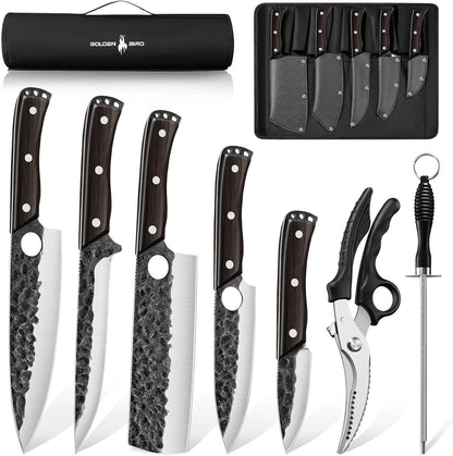 Golden Bird 13PCS Butcher Knife Set for Meat Cutting with Roll Bag | Japanese Chef Knife Set with Sharpening Rod, Hand Forged Cooking Knives for BBQ Camping Kitchen, Gifts for Men Women