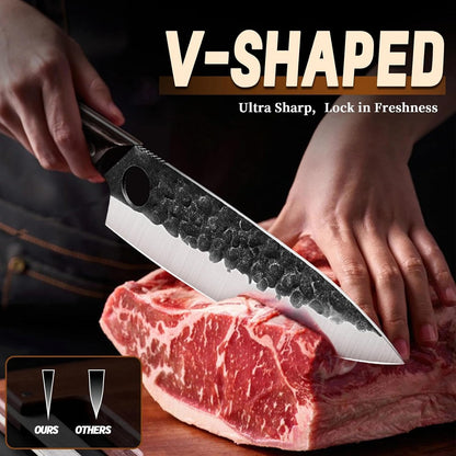 Golden Bird 13PCS Butcher Knife Set for Meat Cutting with Roll Bag | Japanese Chef Knife Set with Sharpening Rod, Hand Forged Cooking Knives for BBQ Camping Kitchen, Gifts for Men Women