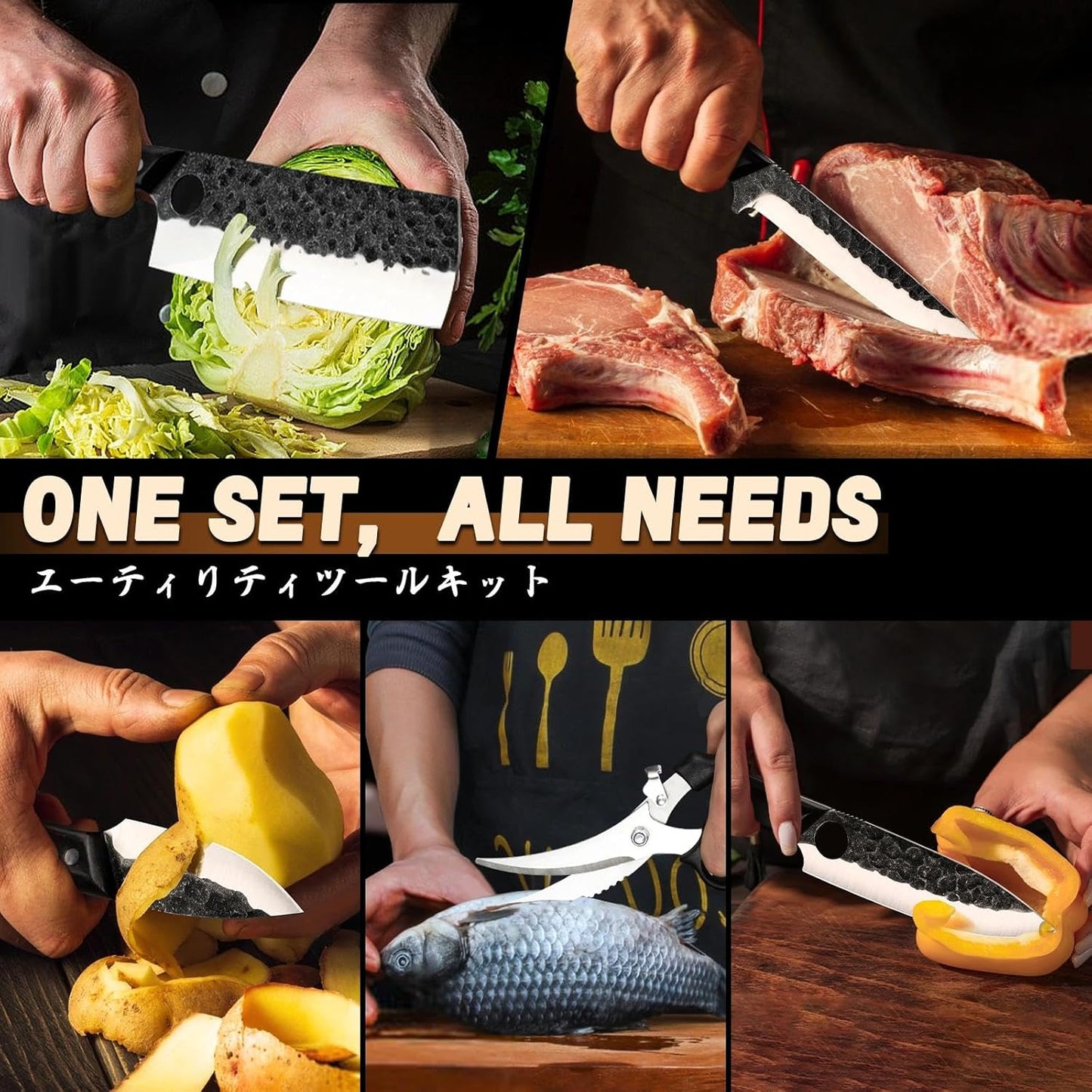 Golden Bird 13PCS Butcher Knife Set for Meat Cutting with Roll Bag | Japanese Chef Knife Set with Sharpening Rod, Hand Forged Cooking Knives for BBQ Camping Kitchen, Gifts for Men Women
