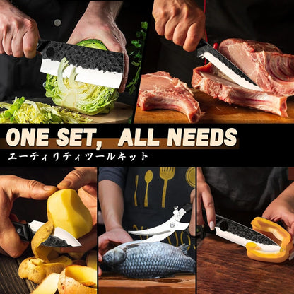Golden Bird 13PCS Butcher Knife Set for Meat Cutting with Roll Bag | Japanese Chef Knife Set with Sharpening Rod, Hand Forged Cooking Knives for BBQ Camping Kitchen, Gifts for Men Women