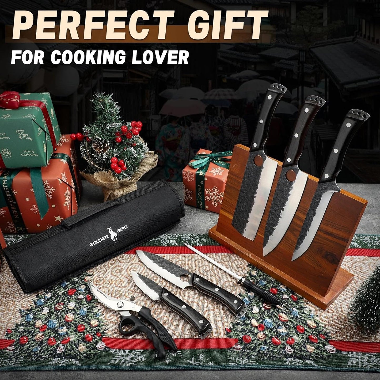 Golden Bird 13PCS Butcher Knife Set for Meat Cutting with Roll Bag | Japanese Chef Knife Set with Sharpening Rod, Hand Forged Cooking Knives for BBQ Camping Kitchen, Gifts for Men Women