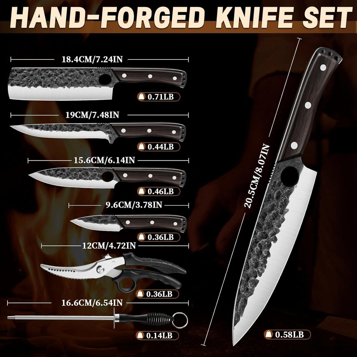 Golden Bird 13PCS Butcher Knife Set for Meat Cutting with Roll Bag | Japanese Chef Knife Set with Sharpening Rod, Hand Forged Cooking Knives for BBQ Camping Kitchen, Gifts for Men Women
