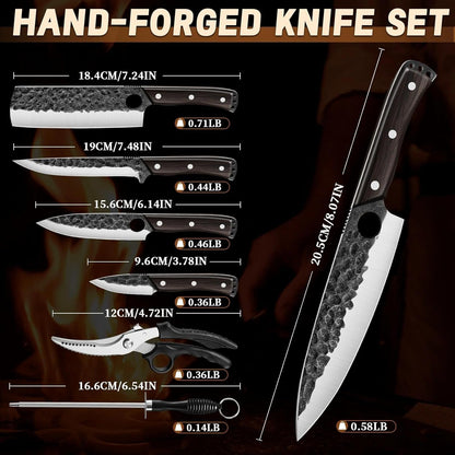 Golden Bird 13PCS Butcher Knife Set for Meat Cutting with Roll Bag | Japanese Chef Knife Set with Sharpening Rod, Hand Forged Cooking Knives for BBQ Camping Kitchen, Gifts for Men Women