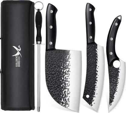 Golden Bird 13PCS Butcher Knife Set for Meat Cutting with Roll Bag | Japanese Chef Knife Set with Sharpening Rod, Hand Forged Cooking Knives for BBQ Camping Kitchen, Gifts for Men Women