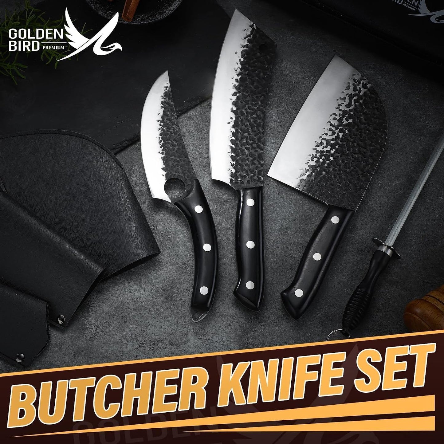Golden Bird 13PCS Butcher Knife Set for Meat Cutting with Roll Bag | Japanese Chef Knife Set with Sharpening Rod, Hand Forged Cooking Knives for BBQ Camping Kitchen, Gifts for Men Women