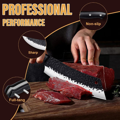 Golden Bird 13PCS Butcher Knife Set for Meat Cutting with Roll Bag | Japanese Chef Knife Set with Sharpening Rod, Hand Forged Cooking Knives for BBQ Camping Kitchen, Gifts for Men Women