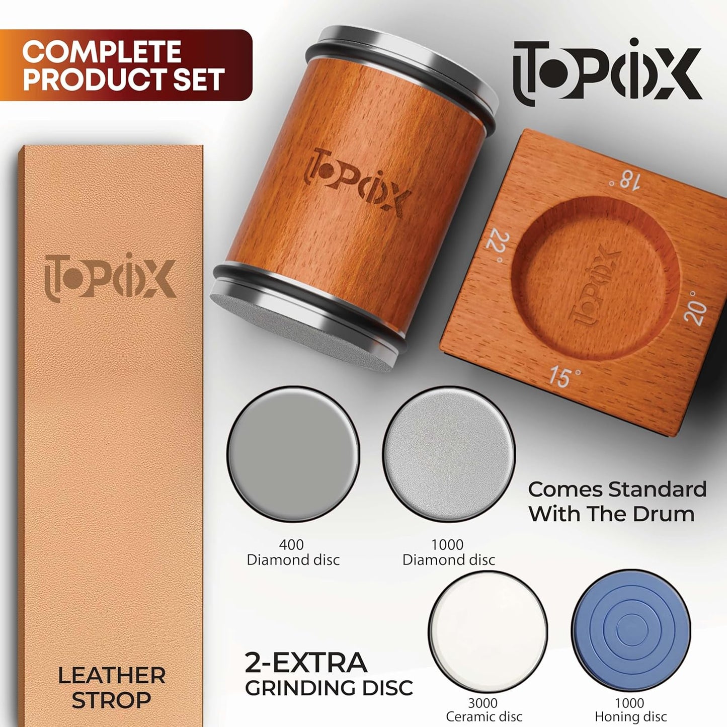 Rolling Knife Sharpener Kit – 4 Angles (15°,18°,20°,22°) – Includes Diamond, Ceramic & Honing Discs with Leather Strop – Ideal for Home Cooks & Professional Chefs
