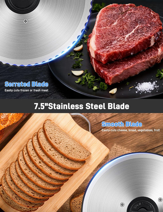 200W Meat Slicer Machine for Home Use,Deli Slicer with 2 Removable 7.5'' Stainless Steel Blades,Adjustable Dial for 0-15mm,Electric Food Slicer for Meat,Bread,Easy to Clean (200W+2 Blades+Silver)