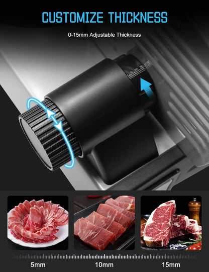 200W Meat Slicer Machine for Home Use,Deli Slicer with 2 Removable 7.5'' Stainless Steel Blades,Adjustable Dial for 0-15mm,Electric Food Slicer for Meat,Bread,Easy to Clean (200W+2 Blades+Silver)