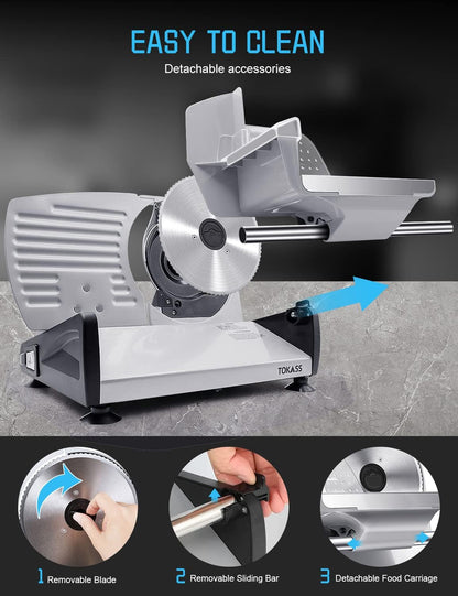 200W Meat Slicer Machine for Home Use,Deli Slicer with 2 Removable 7.5'' Stainless Steel Blades,Adjustable Dial for 0-15mm,Electric Food Slicer for Meat,Bread,Easy to Clean (200W+2 Blades+Silver)