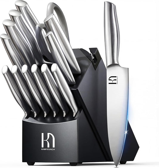 KnifeSaga Knife Set Premium, Kitchen Knife Block Set 14 Pcs Japanese High Carbon Stainless Steel Enduring Razor Sharp, Black Chef Knives Set for Kitchen with Built-in Sharpener and Acacia Wood Block