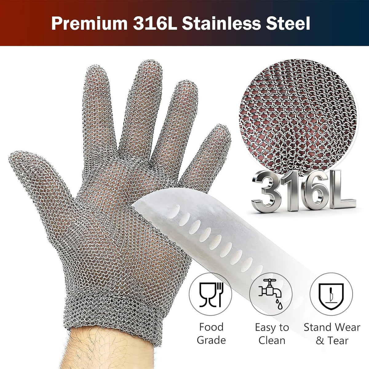 Chainmail Glove for Cutting Meat,Upgrade Spring Wristband,Highest Level Cut Resistant ,Food Grade,Stainless Steel Metal Mesh Gloves,Safety Work Cut Proof Glove for Chef/Butcher Gloves Oyster(M)
