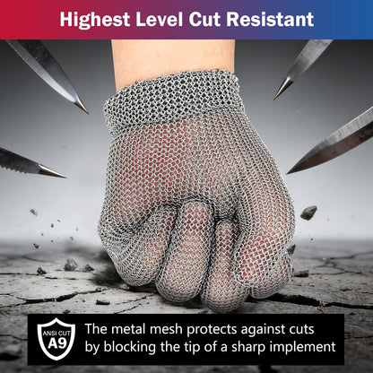 Chainmail Glove for Cutting Meat,Upgrade Spring Wristband,Highest Level Cut Resistant ,Food Grade,Stainless Steel Metal Mesh Gloves,Safety Work Cut Proof Glove for Chef/Butcher Gloves Oyster(M)