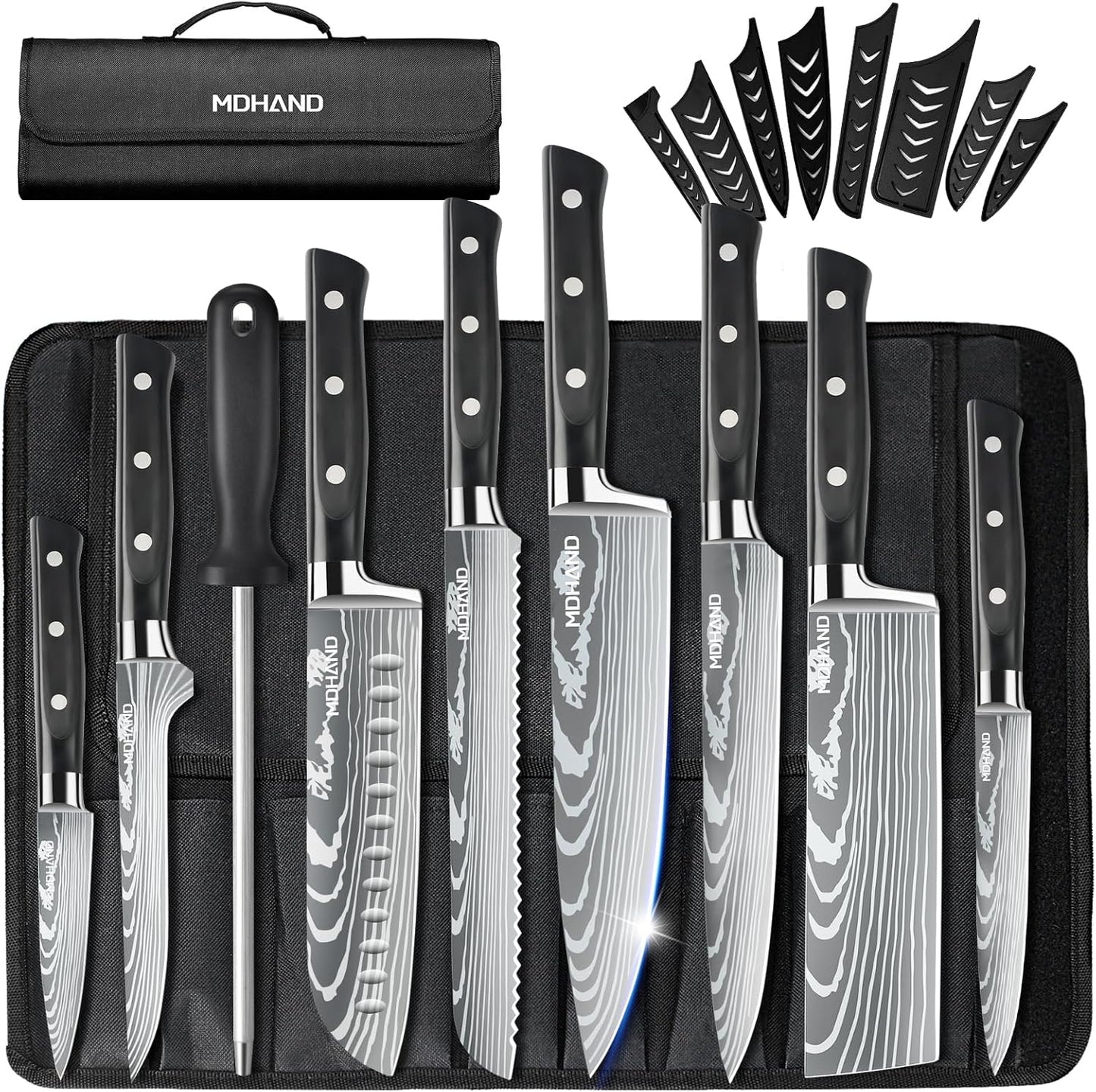 Chef Knife Set with Roll Bag, Professional Knife Set with Sharpener | High Carbon Stainless Steel 9PCS Kitchen Knife Set, Forged Triple Rivet Handle, Kitchen & Home Cooking, Dishwasher Safe Black