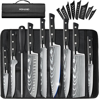Chef Knife Set with Roll Bag, Professional Knife Set with Sharpener | High Carbon Stainless Steel 9PCS Kitchen Knife Set, Forged Triple Rivet Handle, Kitchen & Home Cooking, Dishwasher Safe Black