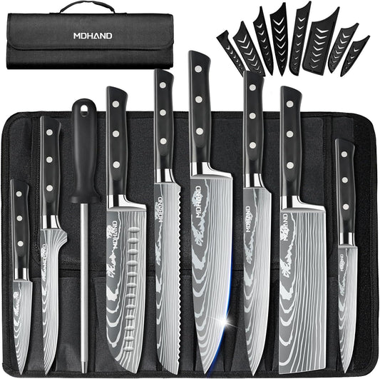 Chef Knife Set with Roll Bag, Professional Knife Set with Sharpener | High Carbon Stainless Steel 9PCS Kitchen Knife Set, Forged Triple Rivet Handle, Kitchen & Home Cooking, Dishwasher Safe Black