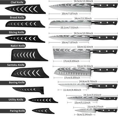 Chef Knife Set with Roll Bag, Professional Knife Set with Sharpener | High Carbon Stainless Steel 9PCS Kitchen Knife Set, Forged Triple Rivet Handle, Kitchen & Home Cooking, Dishwasher Safe Black