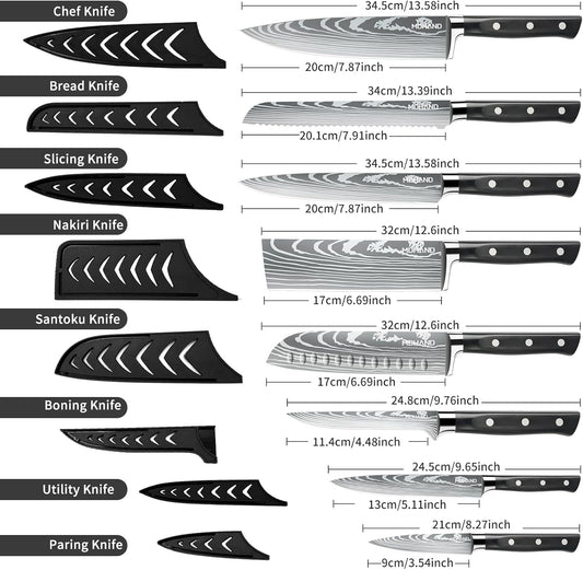 Chef Knife Set with Roll Bag, Professional Knife Set with Sharpener | High Carbon Stainless Steel 9PCS Kitchen Knife Set, Forged Triple Rivet Handle, Kitchen & Home Cooking, Dishwasher Safe Black