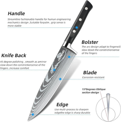 Chef Knife Set with Roll Bag, Professional Knife Set with Sharpener | High Carbon Stainless Steel 9PCS Kitchen Knife Set, Forged Triple Rivet Handle, Kitchen & Home Cooking, Dishwasher Safe Black