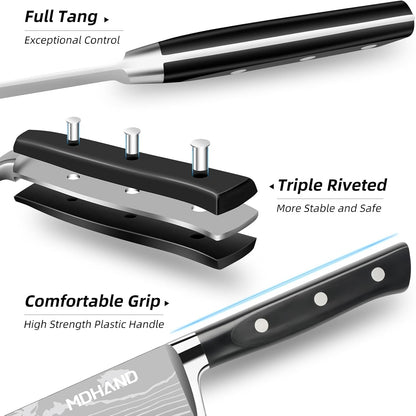 Chef Knife Set with Roll Bag, Professional Knife Set with Sharpener | High Carbon Stainless Steel 9PCS Kitchen Knife Set, Forged Triple Rivet Handle, Kitchen & Home Cooking, Dishwasher Safe Black