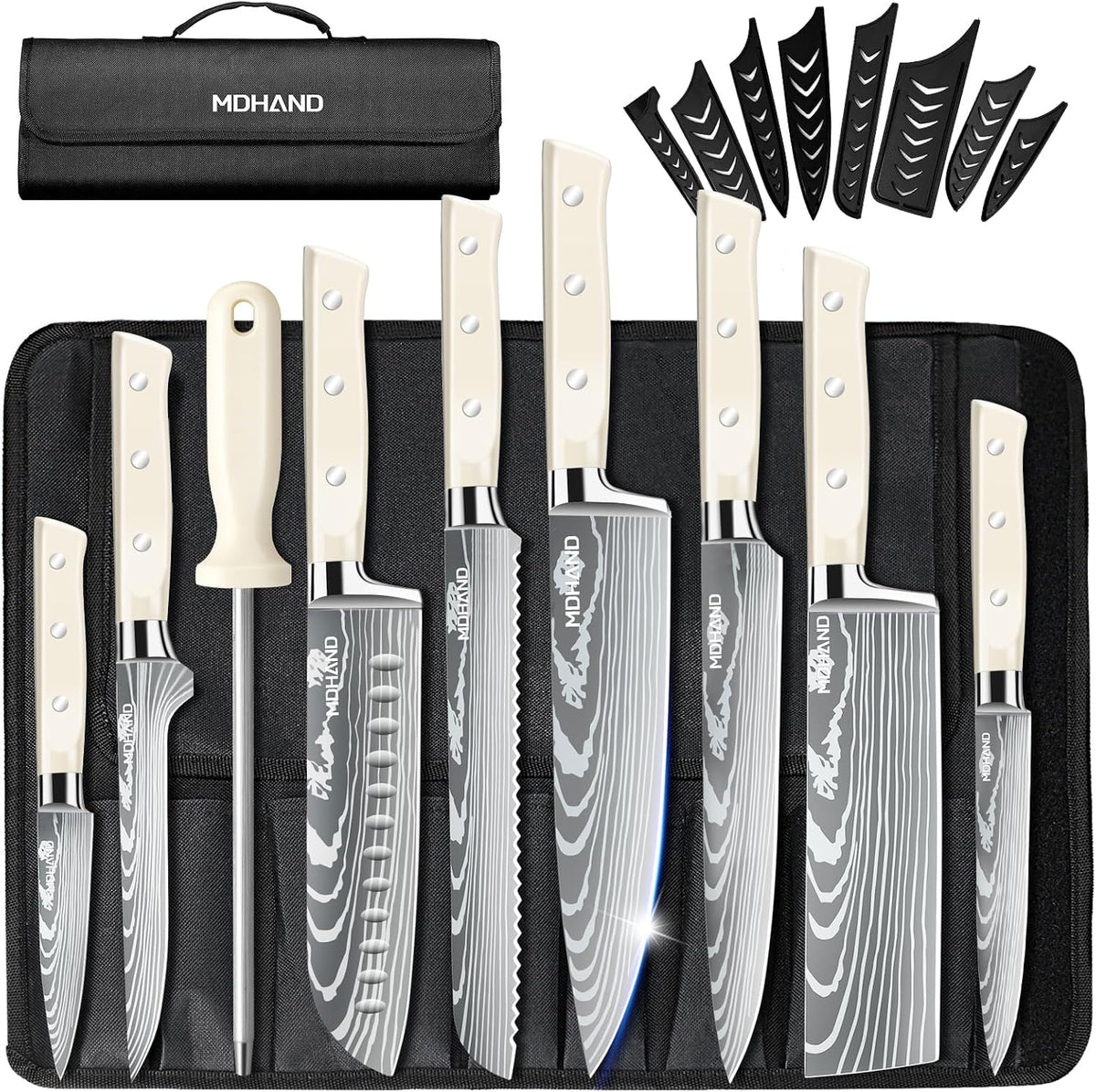 Chef Knife Set with Roll Bag, Professional Knife Set with Sharpener | High Carbon Stainless Steel 9PCS Kitchen Knife Set, Forged Triple Rivet Handle, Kitchen & Home Cooking, Dishwasher Safe Black