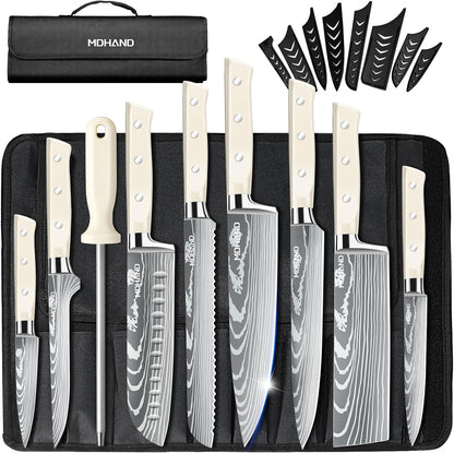 Chef Knife Set with Roll Bag, Professional Knife Set with Sharpener | High Carbon Stainless Steel 9PCS Kitchen Knife Set, Forged Triple Rivet Handle, Kitchen & Home Cooking, Dishwasher Safe Black