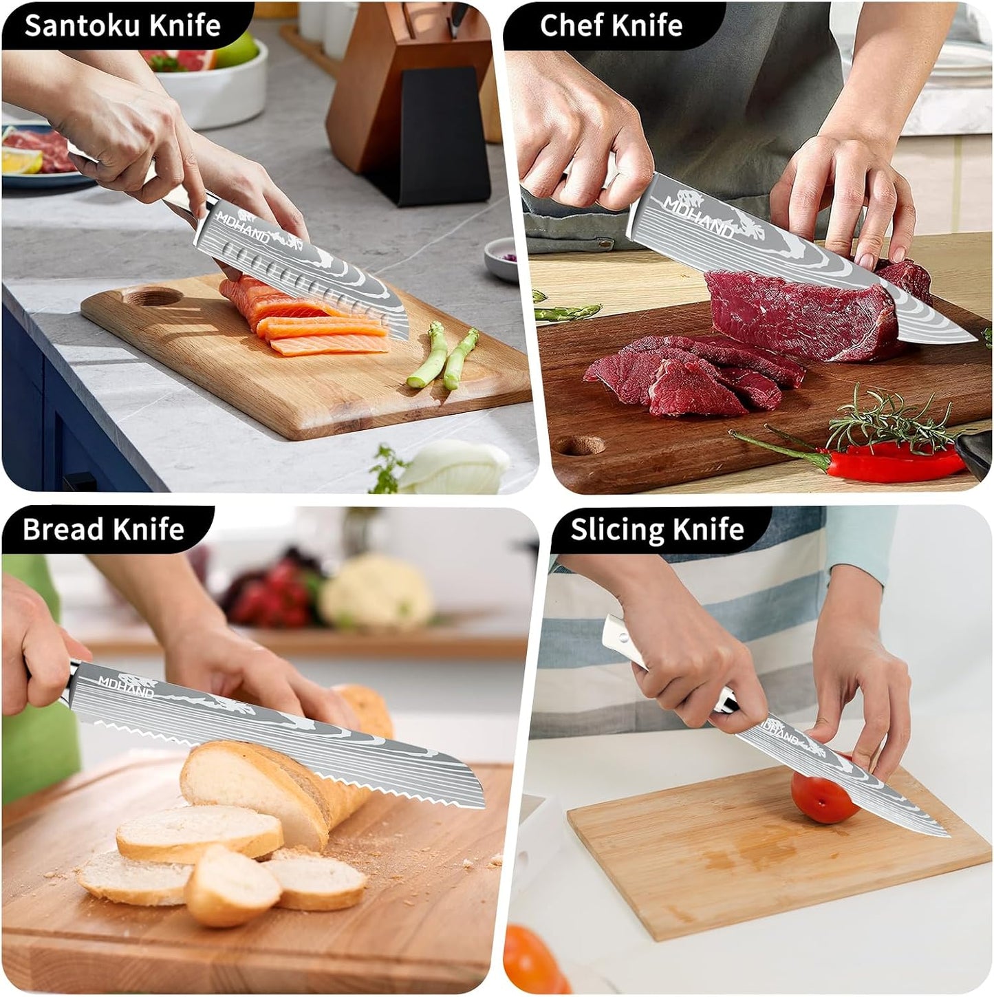 Chef Knife Set with Roll Bag, Professional Knife Set with Sharpener | High Carbon Stainless Steel 9PCS Kitchen Knife Set, Forged Triple Rivet Handle, Kitchen & Home Cooking, Dishwasher Safe Black