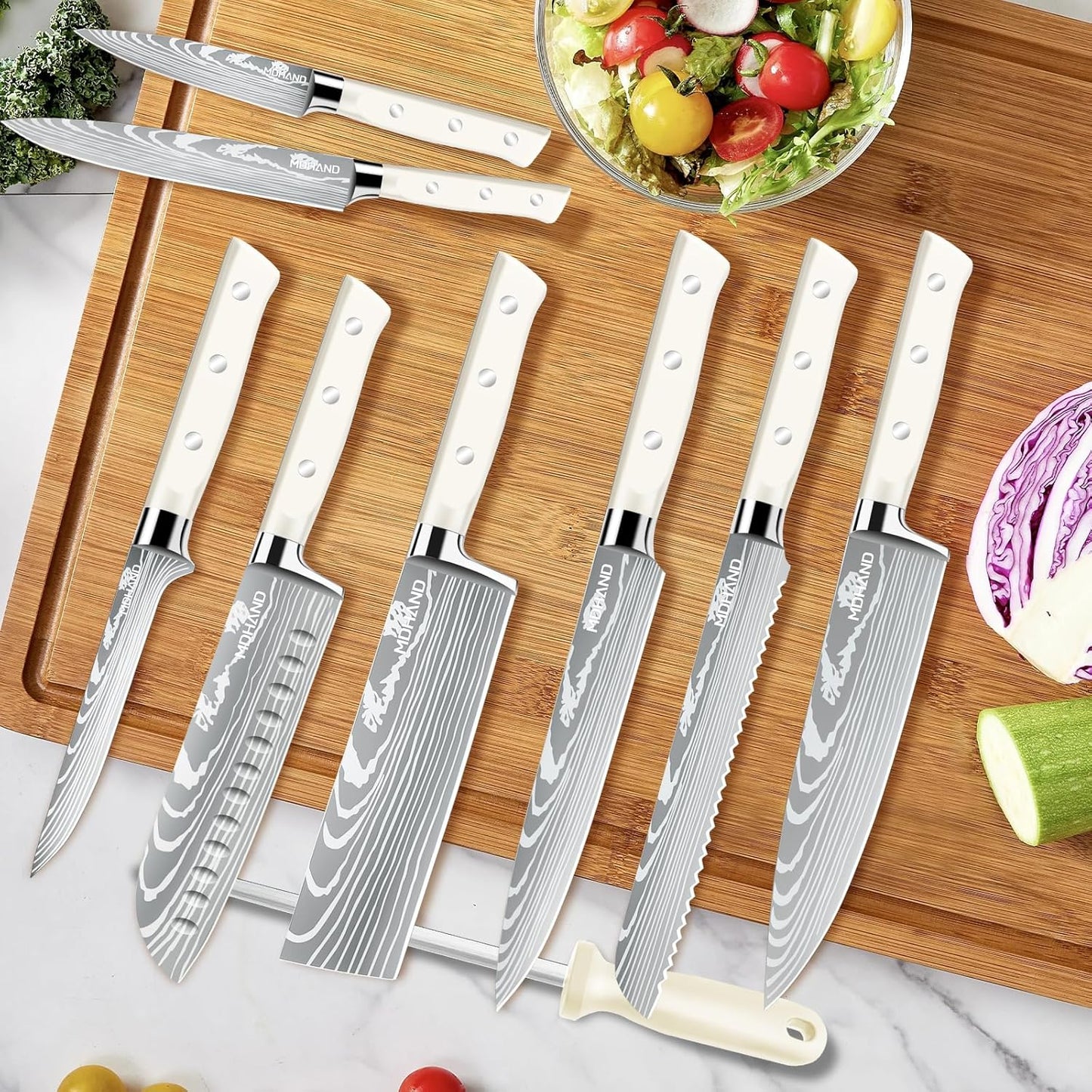 Chef Knife Set with Roll Bag, Professional Knife Set with Sharpener | High Carbon Stainless Steel 9PCS Kitchen Knife Set, Forged Triple Rivet Handle, Kitchen & Home Cooking, Dishwasher Safe Black