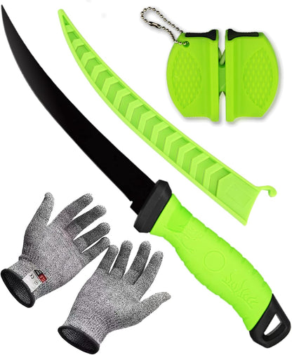 Fillet Knife, 7 Inches Professional Filet Knife for Fish, Stainless Steel Blade Fishing Knifes with Sharpener and Cutting Resistant Gloves, Fishing Stuff, Fishing Accessories, Green