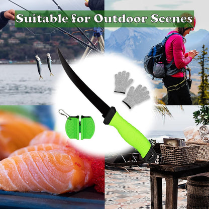 Fillet Knife, 7 Inches Professional Filet Knife for Fish, Stainless Steel Blade Fishing Knifes with Sharpener and Cutting Resistant Gloves, Fishing Stuff, Fishing Accessories, Green