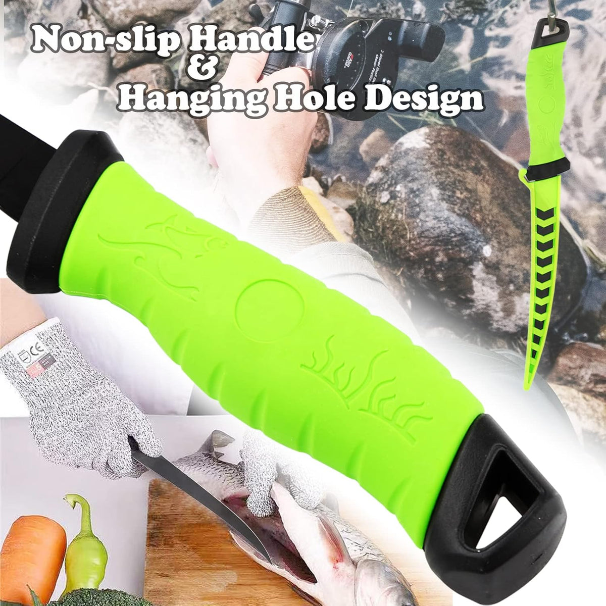 Fillet Knife, 7 Inches Professional Filet Knife for Fish, Stainless Steel Blade Fishing Knifes with Sharpener and Cutting Resistant Gloves, Fishing Stuff, Fishing Accessories, Green