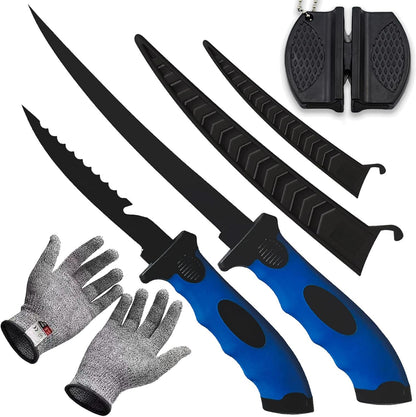 Fillet Knife, 7 Inches Professional Filet Knife for Fish, Stainless Steel Blade Fishing Knifes with Sharpener and Cutting Resistant Gloves, Fishing Stuff, Fishing Accessories, Green