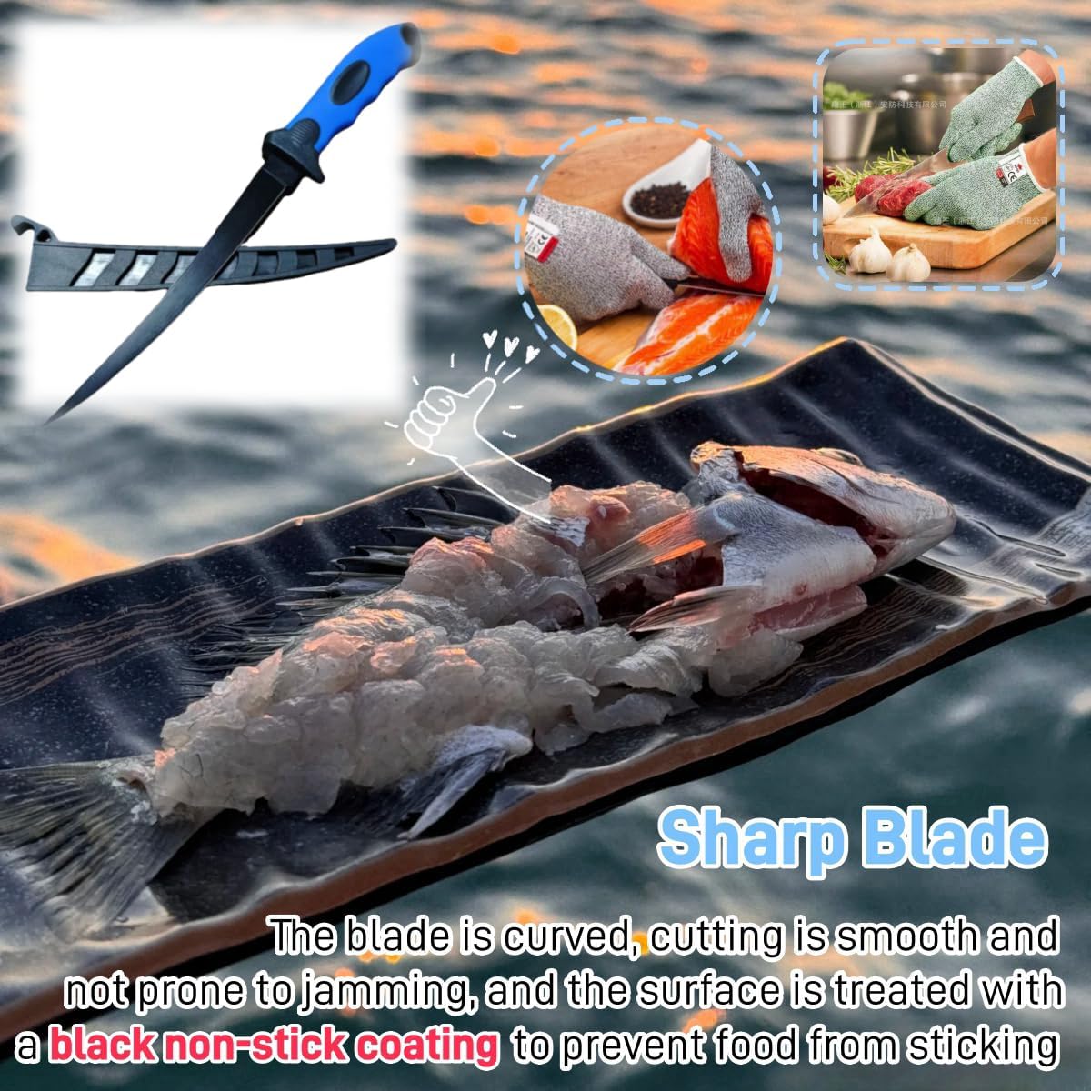 Fillet Knife, 7 Inches Professional Filet Knife for Fish, Stainless Steel Blade Fishing Knifes with Sharpener and Cutting Resistant Gloves, Fishing Stuff, Fishing Accessories, Green