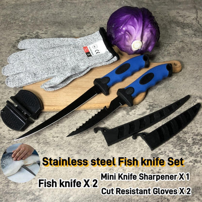 Fillet Knife, 7 Inches Professional Filet Knife for Fish, Stainless Steel Blade Fishing Knifes with Sharpener and Cutting Resistant Gloves, Fishing Stuff, Fishing Accessories, Green