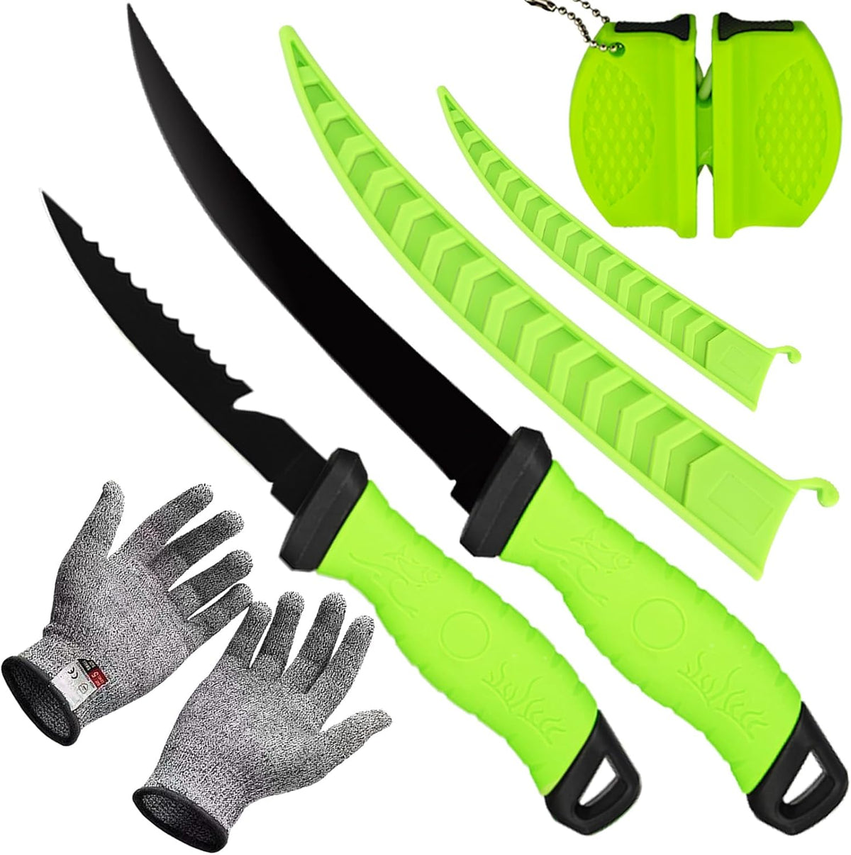 Fillet Knife, 7 Inches Professional Filet Knife for Fish, Stainless Steel Blade Fishing Knifes with Sharpener and Cutting Resistant Gloves, Fishing Stuff, Fishing Accessories, Green