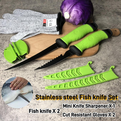 Fillet Knife, 7 Inches Professional Filet Knife for Fish, Stainless Steel Blade Fishing Knifes with Sharpener and Cutting Resistant Gloves, Fishing Stuff, Fishing Accessories, Green
