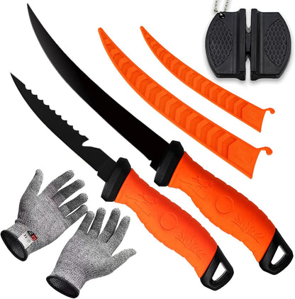 Fillet Knife, 7 Inches Professional Filet Knife for Fish, Stainless Steel Blade Fishing Knifes with Sharpener and Cutting Resistant Gloves, Fishing Stuff, Fishing Accessories, Green