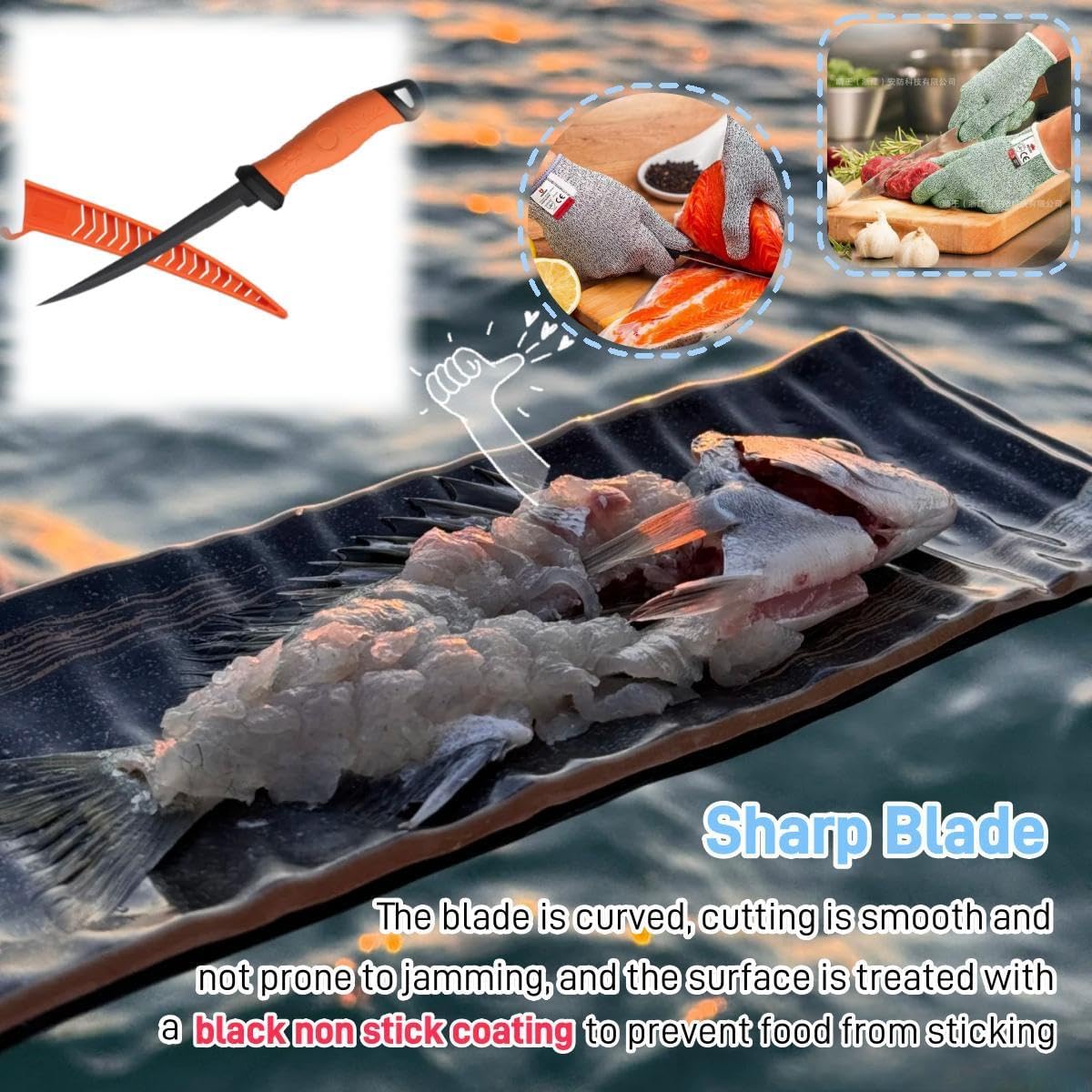 Fillet Knife, 7 Inches Professional Filet Knife for Fish, Stainless Steel Blade Fishing Knifes with Sharpener and Cutting Resistant Gloves, Fishing Stuff, Fishing Accessories, Green