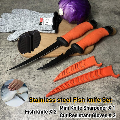 Fillet Knife, 7 Inches Professional Filet Knife for Fish, Stainless Steel Blade Fishing Knifes with Sharpener and Cutting Resistant Gloves, Fishing Stuff, Fishing Accessories, Green