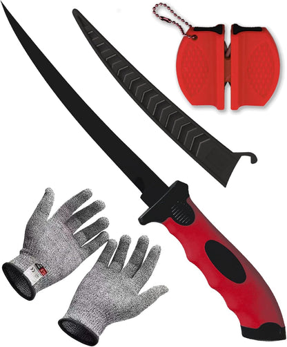 Fillet Knife, 7 Inches Professional Filet Knife for Fish, Stainless Steel Blade Fishing Knifes with Sharpener and Cutting Resistant Gloves, Fishing Stuff, Fishing Accessories, Green