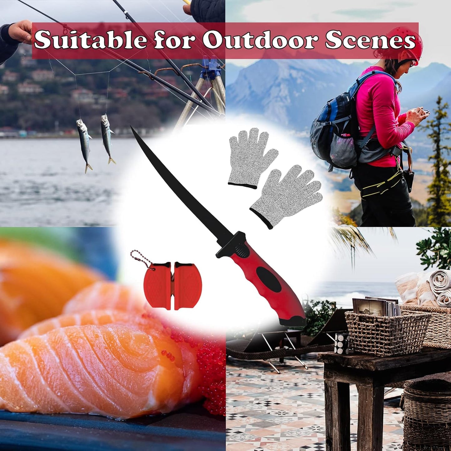 Fillet Knife, 7 Inches Professional Filet Knife for Fish, Stainless Steel Blade Fishing Knifes with Sharpener and Cutting Resistant Gloves, Fishing Stuff, Fishing Accessories, Green