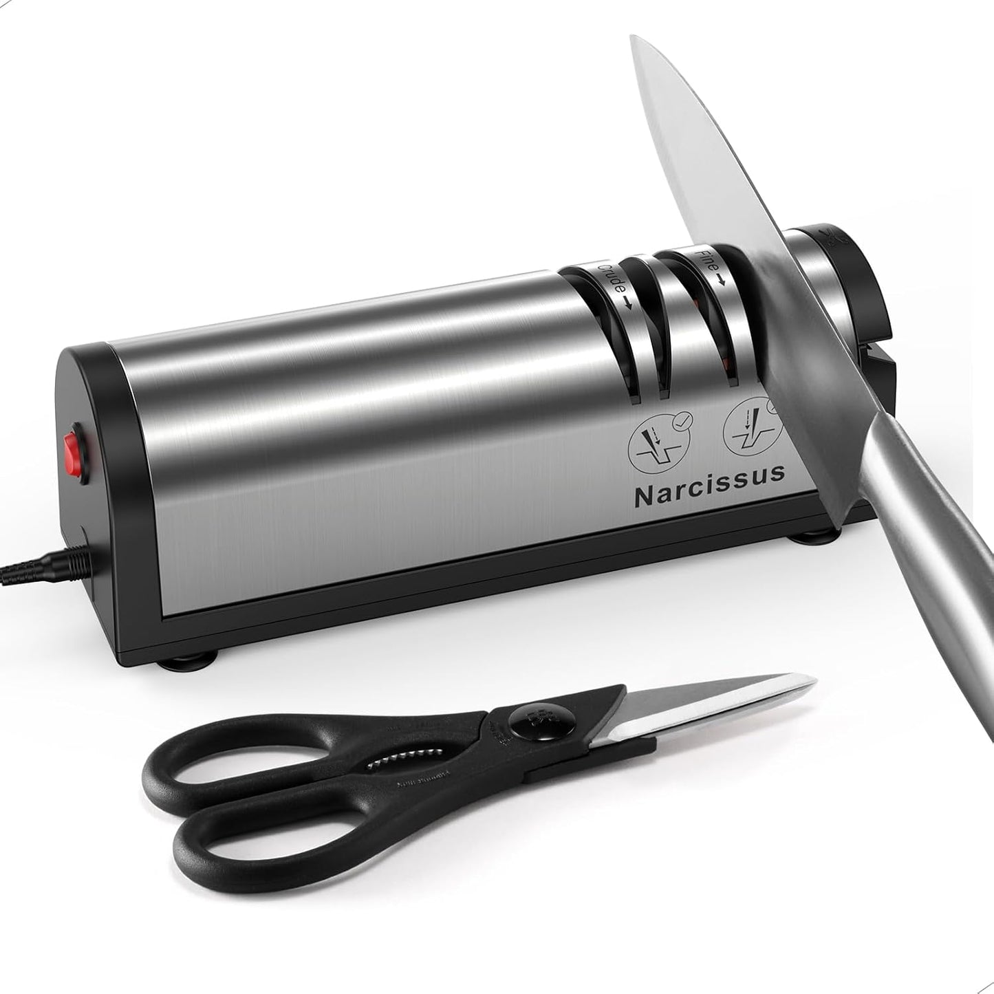Knife Sharpener, Professional 2 Stage Electric Knife Sharpener for Quick Sharpening & Polishing, with Scissors Sharpener and Metal Dust Collection Box, Stainless Steel, Silver