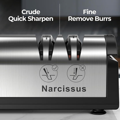 Knife Sharpener, Professional 2 Stage Electric Knife Sharpener for Quick Sharpening & Polishing, with Scissors Sharpener and Metal Dust Collection Box, Stainless Steel, Silver