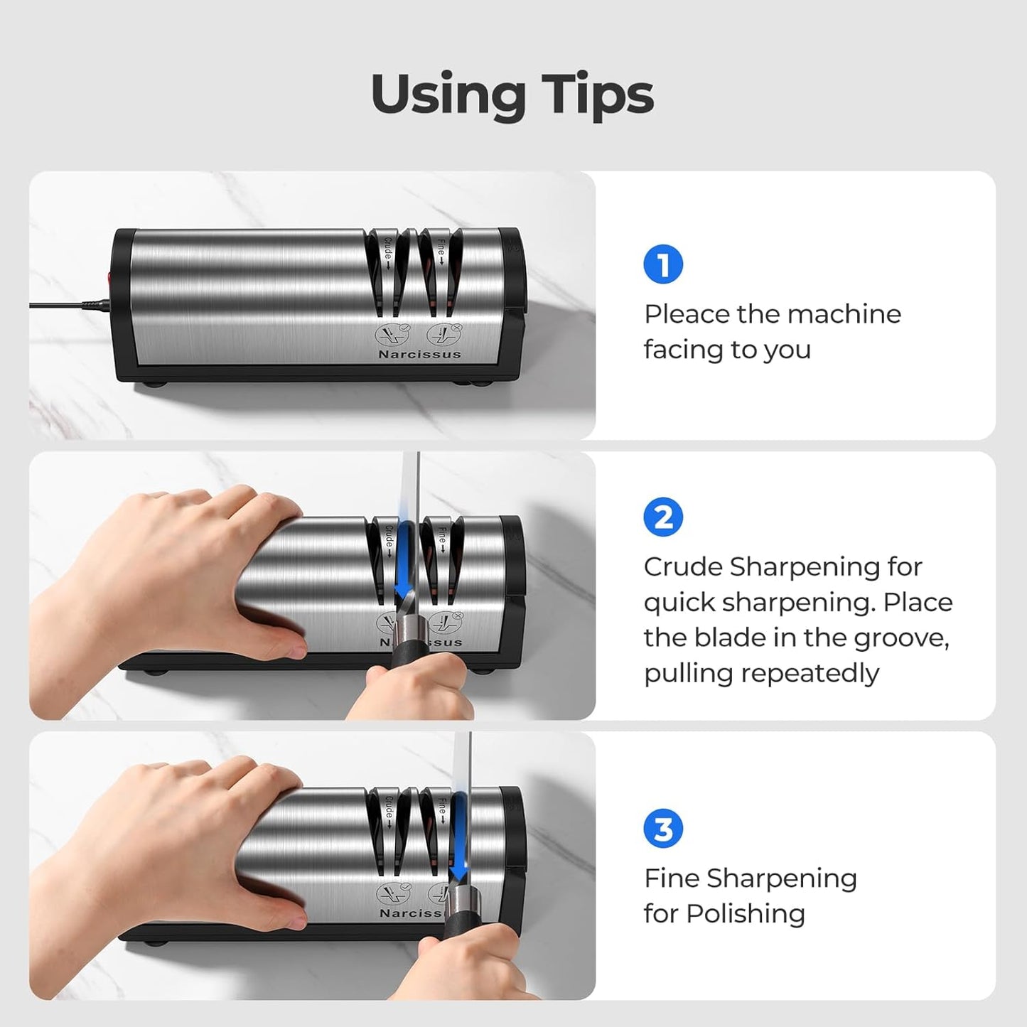 Knife Sharpener, Professional 2 Stage Electric Knife Sharpener for Quick Sharpening & Polishing, with Scissors Sharpener and Metal Dust Collection Box, Stainless Steel, Silver